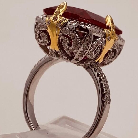 Ring, new, no tags, lab created emerald cut ruby solid 925 silver real gold - Picture 7 of 17